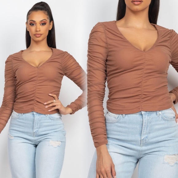 Shirred mesh blouse long sleeved - Picture 4 of 4